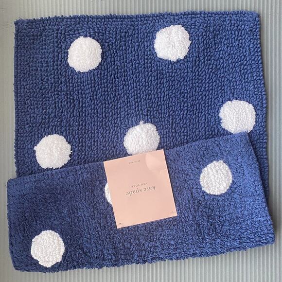NWT Kate Spade Rugs Bath Mats Cotton Reversible Polka dot Blue white 2 piece - Picture 1 of 4